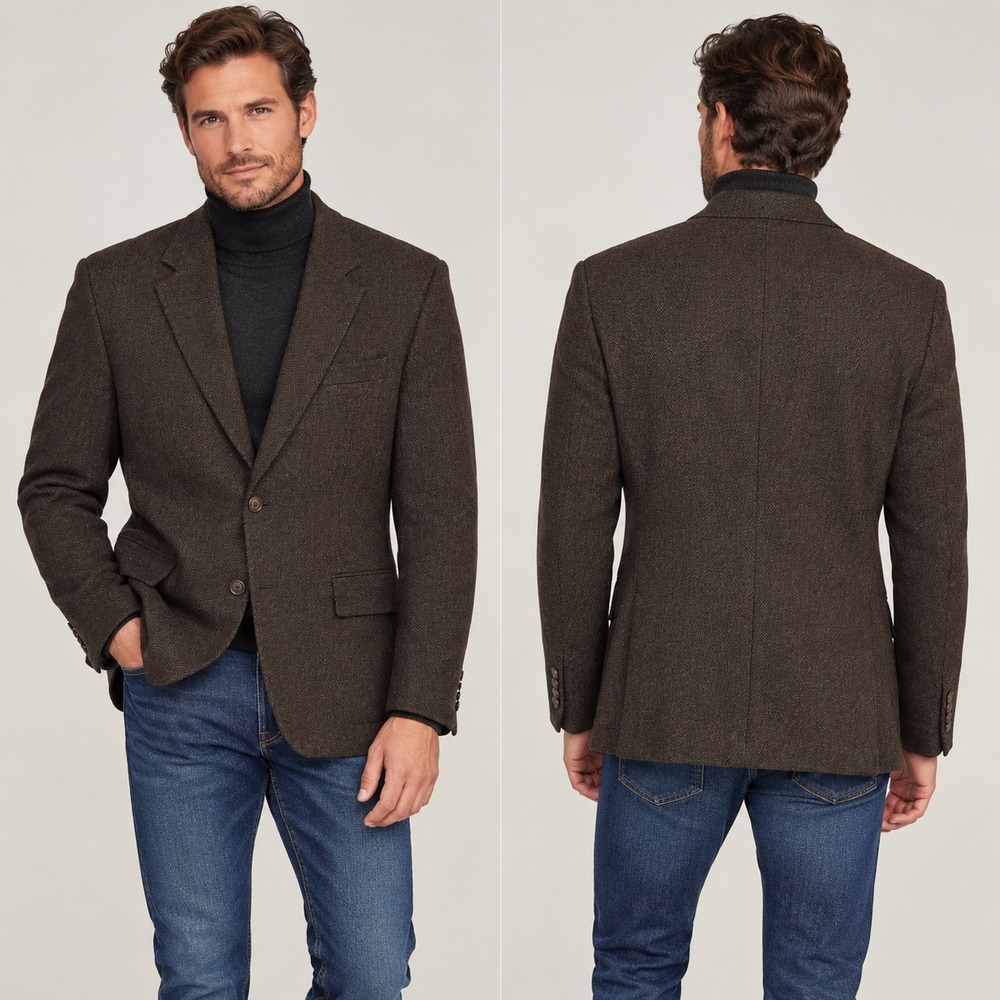 Lauren Ralph Lauren Mens 44R Brown Herringbone 100% Lambswool Blazer Sport Coat